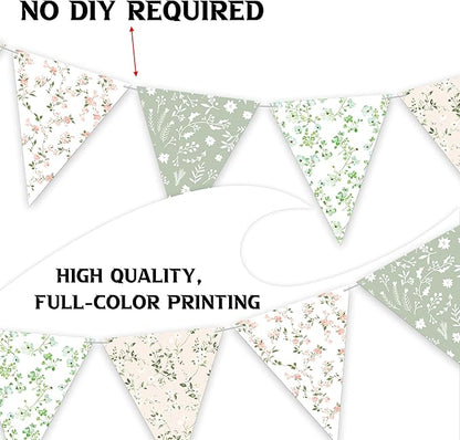 3pcs Sage Green Floral Triangle Bunting Banners Garland, Boho Wildflower Pennant Flags for Baby Shower Bridal Shower Wedding Birthday Party Garden Home Decor