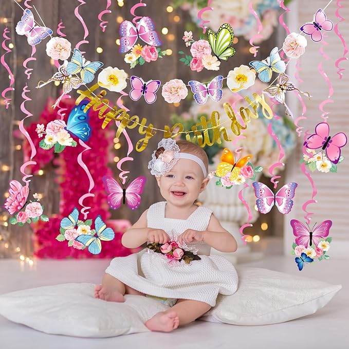 SUNBEAUTY 22PCS Butterfly Birthday Party Decorations Pre-strung Birthday Banner Garland for Women & Girls Colorful Butterfly Hanging Swirls Decorations Summer Themed Ceiling Decor for Kids Bday party