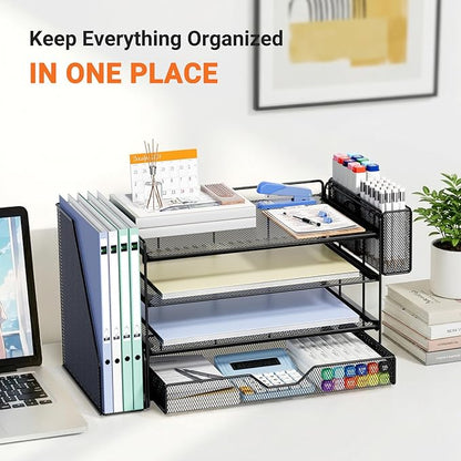 OPNICE Desk Organizers and Accessories, 4-Tier Workspace Desktop File Organizer with Drawer & Pen Holder, Paper Tray Organizer with File Holder, Office Desk Accessories for Home Office Supplies, Black