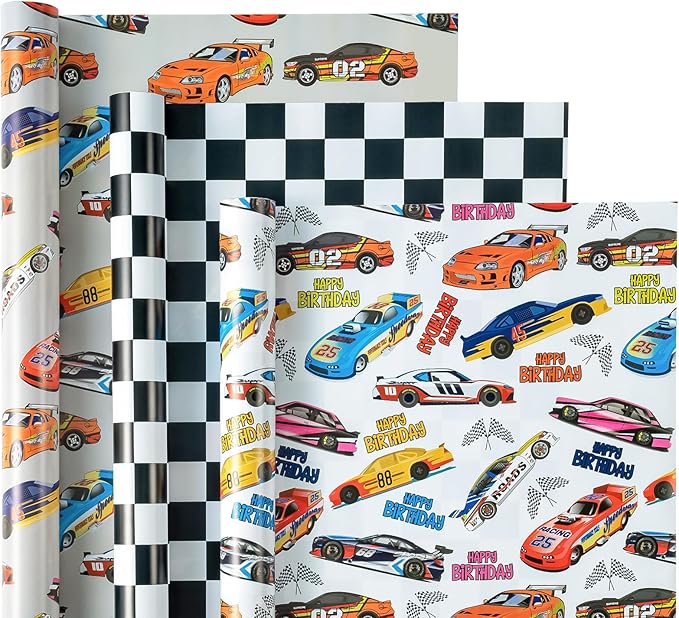 WRAPAHOLIC Racing Car Birthday Wrapping Paper - Mini Roll - 3 Rolls - 17 Inch x 120 Inch - Checkered Flag Car Wrapping Paper for Kids Boys Birthday, Baby Shower