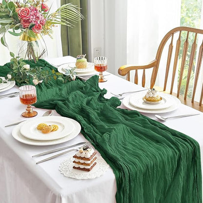 IVAPUPU 4 Pcs Cheesecloth Table Runner - 10ft Emerald Green Boho Gauze Cheese Cloth Table Runners for Baby Shower Decorations Wedding Party Summer Garden Decor
