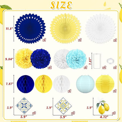 23pcs Amalfi Coast Party Decorations - Capri Lemon Yellow Blue White Hanging Paper Lanterns, Fans, Pom Poms, Honeycomb for Birthday, Baby Shower, Mediterranean, Italian Summer Themed Decor