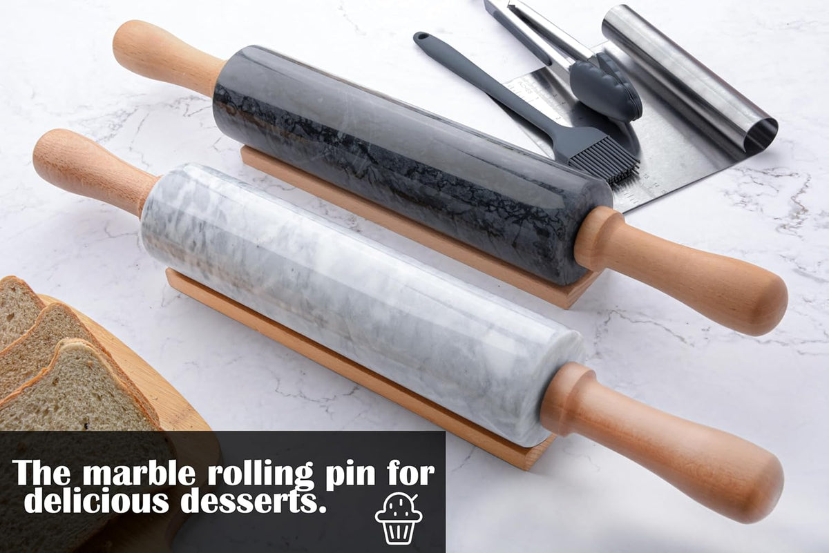 Marble Rolling Pin Set with Silicone Pastry Mat,Pastry Brush,Cooking Tongs,Stainless Steel Scraper18.5 inch Polished Non-Stick Roller for Pizza Dough