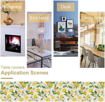 Yellow Lemon Table Runner,Spring Floral Summer Fruits Print Table Decoration for Farmhouse Kitchen Dinner Dining Table Holiday Party Home Decor 13x108in