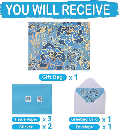 13" Large Rose Blue Gift Bag Set with Greeting Card and Tissue Paper(Foil Traced Flowers) for Celebrating Birthdays, Mother's Day, Weddings, Anniversary, Valentine's Day - 13”x5.2”x10.2”, 1 Pcs.
