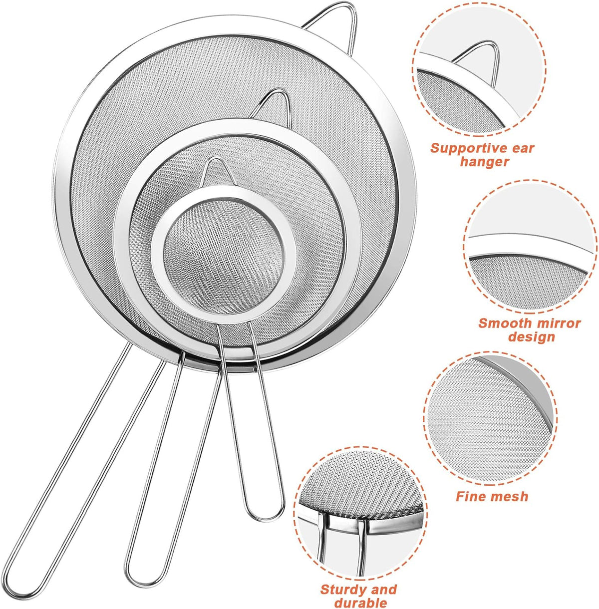 3Pcs Super Wire Extra Fine Mesh Strainer with Handle, Small Medium Large Size Sifter Metal Strainer Set