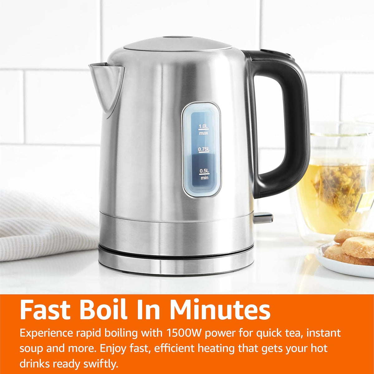 Electric Stainless Steel Kettle for Tea and Coffee, BPA-Free, Fast Boiling, Auto Shut-Off, 1.1 Quarts, 1500W, Black and Silver
