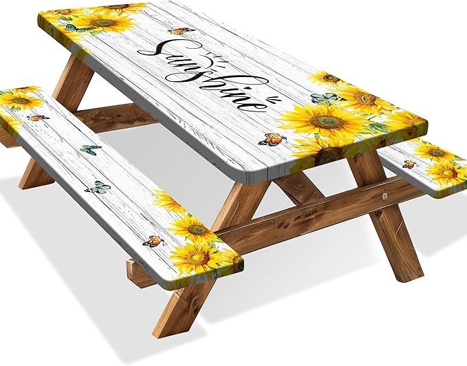 Sunflower Picnic Table Cover with Bench Covers Camping Essentials Wooden Grain Outdoor Table Covers with Elastic Waterproof Fitted Tablecloth for RV Picnic Travel