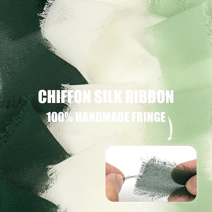 Green Chiffon Ribbon 1 Inch x 21Yds Handmade Fringe Chiffon Silk Ribbon Green & Cream Frayed Chiffon Ribbon for Wedding Invitation Flower Bouquets Gift Wrapping Bridal Shower Baby Shower