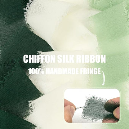 Green Chiffon Ribbon 1 Inch x 21Yds Handmade Fringe Chiffon Silk Ribbon Green & Cream Frayed Chiffon Ribbon for Wedding Invitation Flower Bouquets Gift Wrapping Bridal Shower Baby Shower