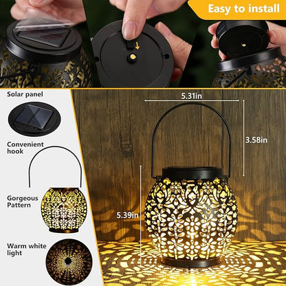Brizled Solar Lantern Lights, 2 Pack Outdoor LED Hanging Lantern Lights with Star Projection, Warm White Solar Garden Lighting Retro Table Lanterns Light Waterproof for Garden Patio Courtyard Path