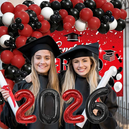 Red and Black Graduation Party Decorations 2026 - Graduation Balloon Arch Kit With Red Black Graduation Balloons, Congrats Grad Backdrop, 2026 Foil Balloons For High College School Gradua tion Decor