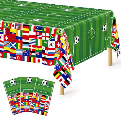 3 Pcs Soccer Tablecloths Plastic, Disposable Soccer Rectangle Table Cover 54 X 108 Inch, 2026 International World Flags Green Tableware Set Birthday Party Decorations for Sports Theme Party Supplies