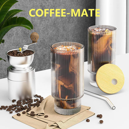 16Oz Glass Cups, 6Set Glass Tumbler with Straw and Lid, Vintage Glassware for Whiskey Cocktail Beer, Iced Coffee Cups with Lid (6 PACK)