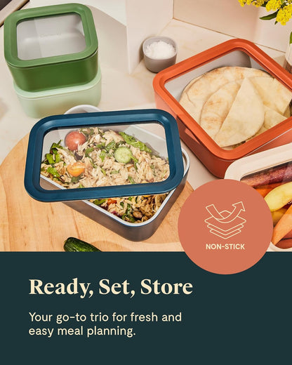 Caraway 3pc Glass Food Storage Set - 10, 6.6, & 4.4 Cup Containers - Ceramic Coated - Non-Toxic Non-Stick Lunch Box With Glass Lids - Dishwasher