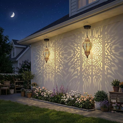 Hapjoy Moroccan Hanging Solar Lights Outdoor Lantern Bidirectional Availabili Garden Decor Waterproof Plastic Gold Decorations for Patio Pathway Yard Backyard Solar Powered Garden Decorative (1, gold)