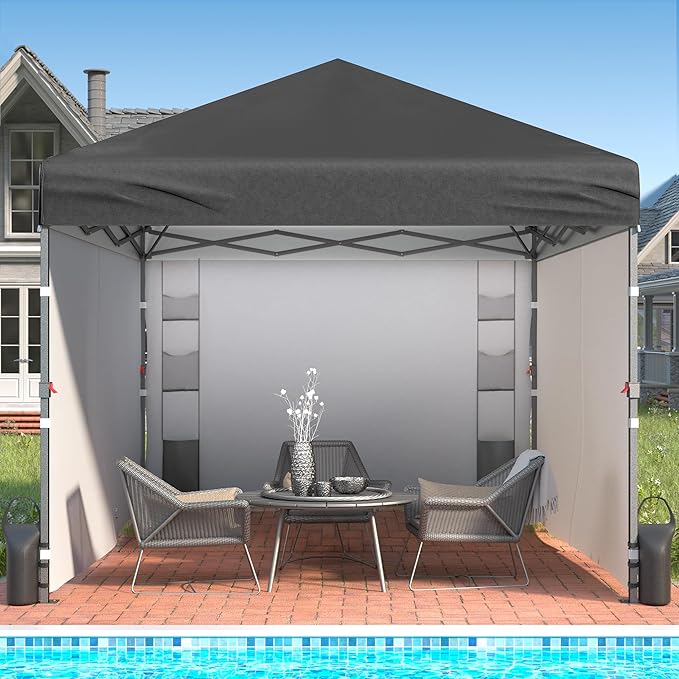 Tunbne 10X10 Comercial Pop Up Canopy Tent with 4 Sidewalls and 6 Pockets, One Push Setup Center Lock, for Beach Patio Outdoor, Case, 8 Stakes, 4 Ropes, 4 Sandbags (Charcoal Grey)