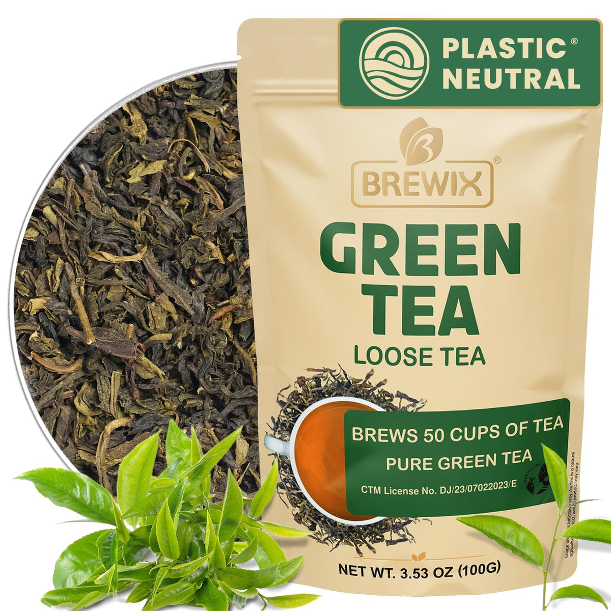Brewix, Green Tea Loose Leaf (50+ Cups, 3.53oz/100g) Gluten Free I High Elevation Grown Green Tea Leaves, Pure Single Origin Sourced Direct from India