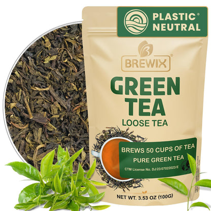Brewix, Green Tea Loose Leaf (50+ Cups, 3.53oz/100g) Gluten Free I High Elevation Grown Green Tea Leaves, Pure Single Origin Sourced Direct from India