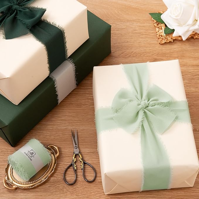 DORIS HOME Sage Green Chiffon Ribbon for Flower Bouquet, 2" x21Yd Fabric Ribbon for Gift Wrapping, Handmade Frayed Ribbon for Wedding/Christmas Decorations