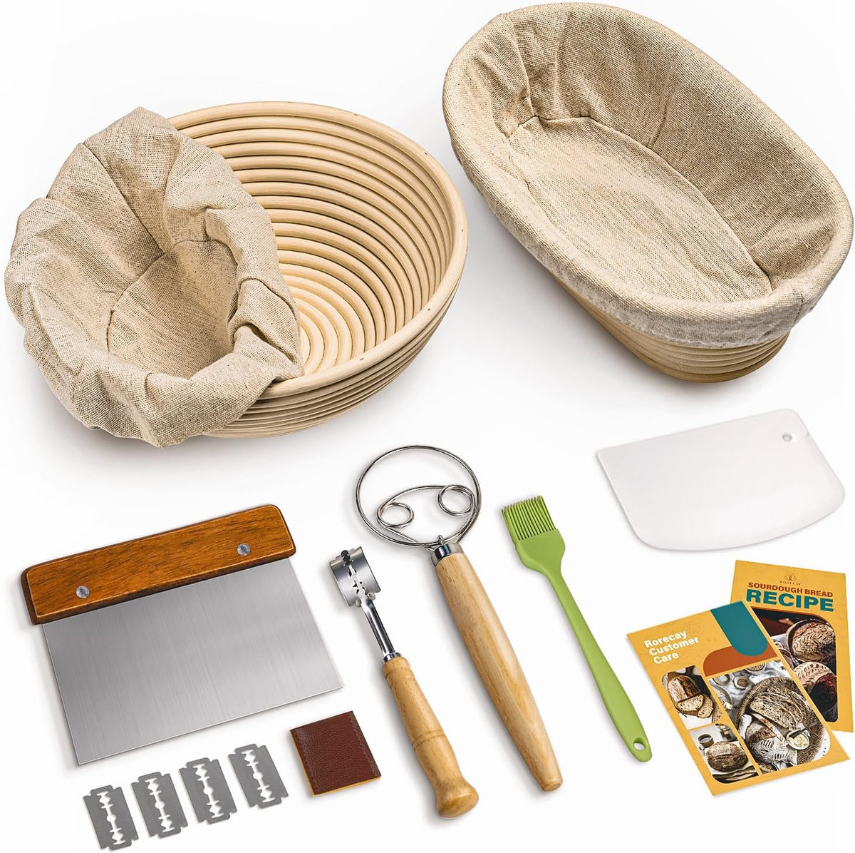 Rorecay Bread Banneton Proofing Basket Set, 9 Inch Round & 10 Inch Oval Cane Sourdough Baskets with Dough Whisk Bread Lame Dough Scraper Bowl Scraper