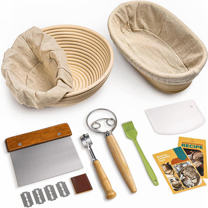 Rorecay Bread Banneton Proofing Basket Set, 9 Inch Round & 10 Inch Oval Cane Sourdough Baskets with Dough Whisk Bread Lame Dough Scraper Bowl Scraper