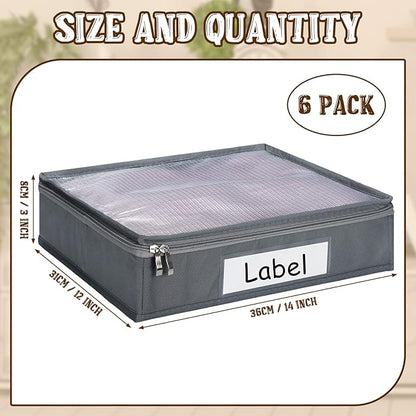 Panelee 6 Pcs 14 x 12 x 3 Inch Sweater Storage Bags Easy Gliding Zippered Sweater Package Organizer Closets Under The Bed Zippered Storage Bags with Label Pocket to Avoid Dust Dirt(Gray)