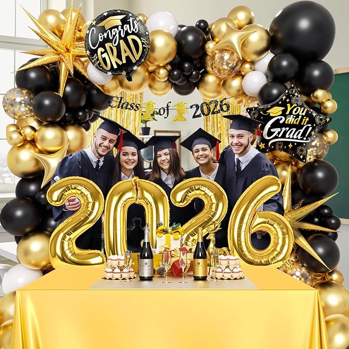 Black and Gold Graduation Decorations with Gold Confetti Black White Balloons Gold Fringe Curtain Banner for Graduation Decorations 2026