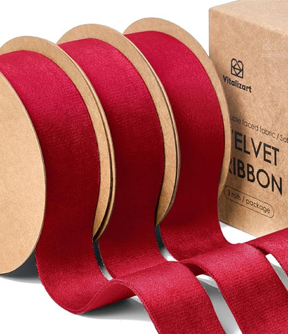 Vitalizart Red Velvet Ribbon Set 1 Inch Double Faced Burgundy Ribbon for Christmas Ornaments Gift Wrapping 15 Yards Wreath Decoration Bows Making Holiday Crafts