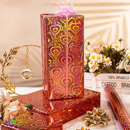 Burymento Rose Gold Wrapping Paper Roll, Metallic Holographic Heart Gift Wrap for Birthday, Valentines, Mothers day, Graduation, Wedding, Fathers day, Baby Shower, Christmas (17 IN x 32.8 FT)