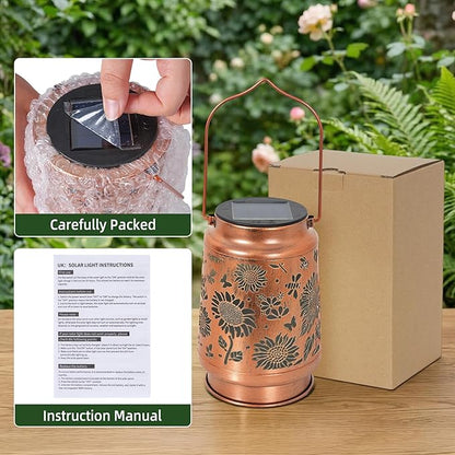 Solar Lantern Outdoor Waterproof, Gifts for Women Mom Grandma, Hanging Metal Light Sunflower Garden Decor for Yard Patio Lawn
