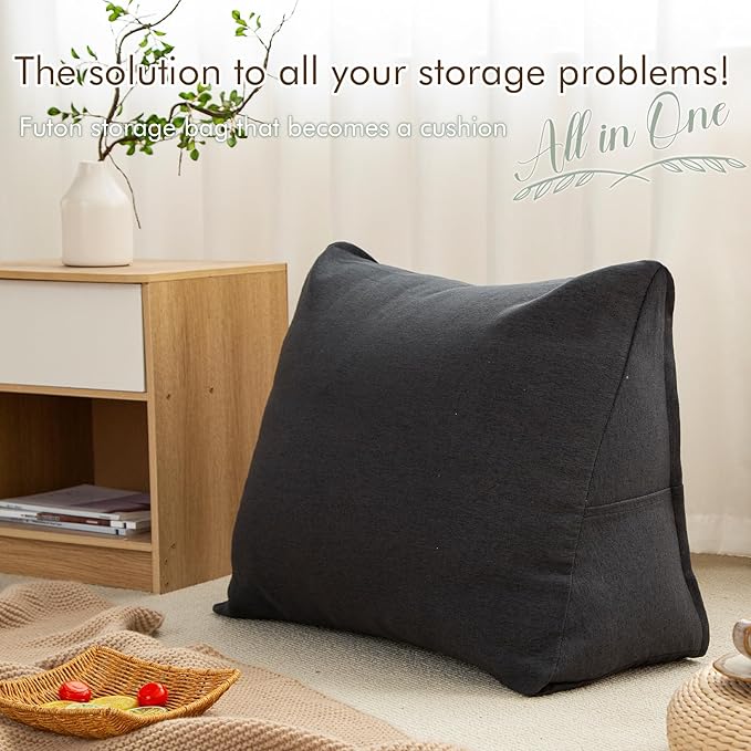 Triangular Comforter Storage Bag/Wedge Pillow Cover Linen Like - Multi-Use Pillow, Cushion & Bedding Insert Cover - Stuff with Clothes, Blankets for Extra Storage (26.7x20.5x10.2 In, Black)