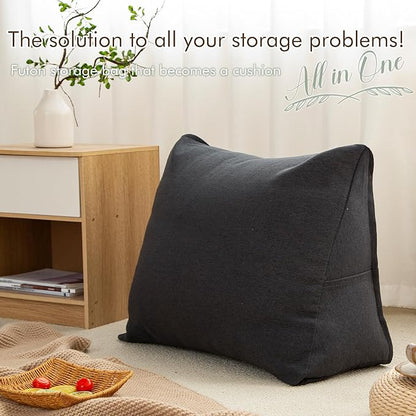 Triangular Comforter Storage Bag/Wedge Pillow Cover Linen Like - Multi-Use Pillow, Cushion & Bedding Insert Cover - Stuff with Clothes, Blankets for Extra Storage (26.7x20.5x10.2 In, Black)