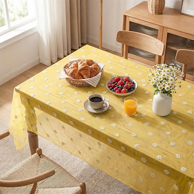 Horaldaily Yellow Embroidery Daisy Spring Summer Gauze Tablecloth 60×104 Inch Rectangular, Seasonal Tulle Table Cover, Garden Party Decorations for Wedding, Party, Holiday Dining
