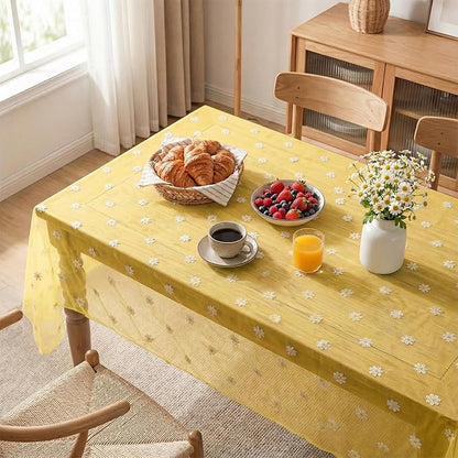 Horaldaily Yellow Embroidery Daisy Spring Summer Gauze Tablecloth 60×104 Inch Rectangular, Seasonal Tulle Table Cover, Garden Party Decorations for Wedding, Party, Holiday Dining