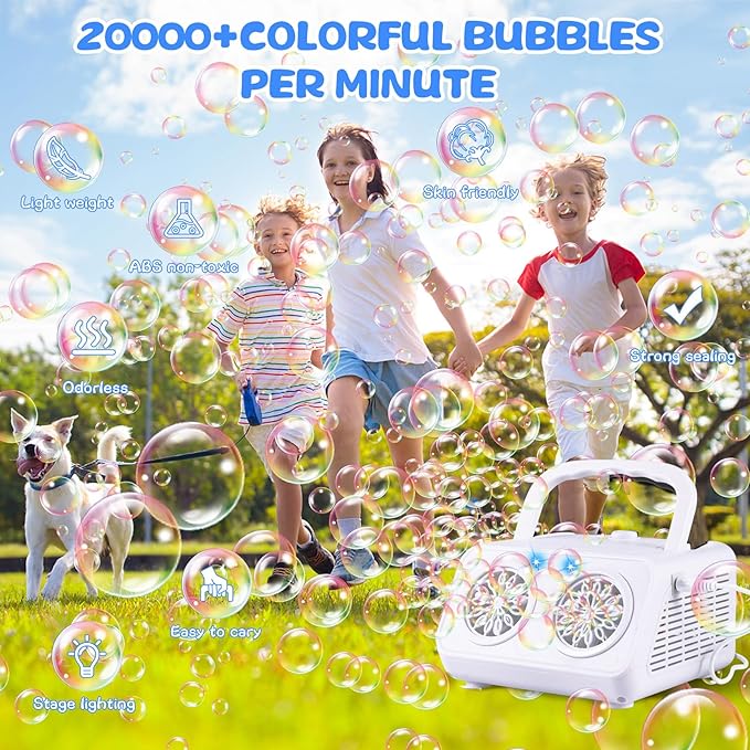 SHCKE Automatic Bubble Machine Upgrade Bubble Blower with 2 Fans,20000+ Bubbles Per Minute, USB-C or Battery Powered,Sealed Bottle, Portable Bubble Maker for Birthday Party Pool Wedding Outdoor