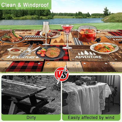 JAWO Rustic Cabin Style Picnic Table Cover with Bench Covers, Elastic Fitted Tablecloth, Lumberjack Buffalo Plaid & Bear Deer Adventure Pattern for Camping, Hunting Trips, 96x30 Inch