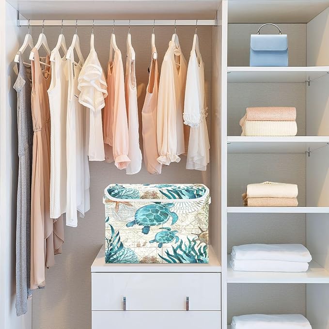 Large Collapsible Storage Bins with Lids, Vintage Ocean Sea Turtle Starfish Map Storage Baskets Organizer Containers with Handles for Nursery Clothes Toys