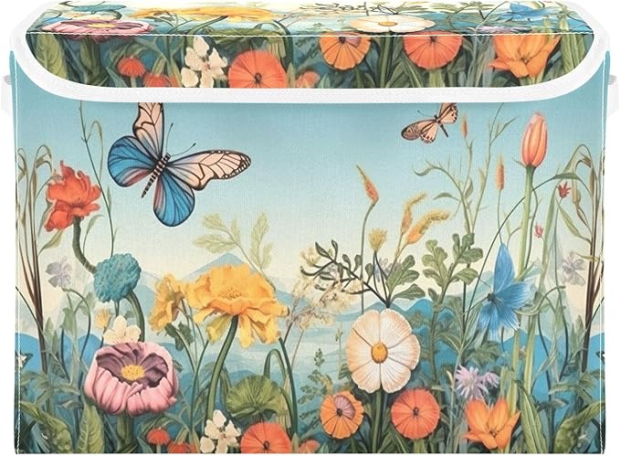 Colorful Flower Pattern Storage Bins with Lids and Carrying Handle,Foldable Storage Boxes Organizer Containers Baskets Cube with Cover for Home Bedroom Closet Office