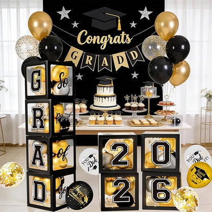 Graduation Decorations Class of 2026, Black Graduation Decorations, Balloons Boxes (4PCS) with Letters 2026 GRAD So Proud of You, Congrats Grad Decorations for High School & College