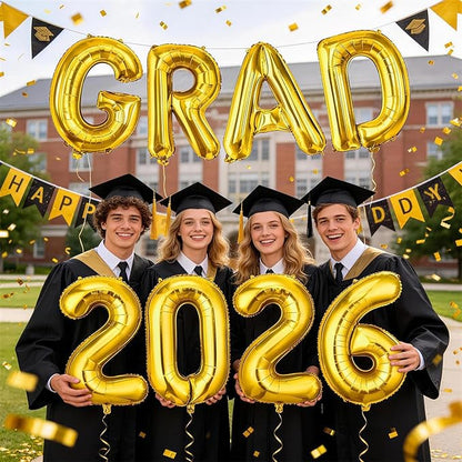 Gold Grad 2026 Balloons, 2026 Graduation Decorations Set Congrats Grad Foil Balloons Banner Sign for Class of 2026 Graduation Decorations College High School Prom Party Backdrop Supplies