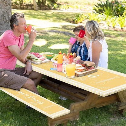Picnic Table Cover with Bench Covers Elastic Edges, Yellow Camper Fitted Table Cover, Outdoor Patio Camping Essentials 72 Inch 3PCS, Waterproof Camping Fitted Tablecloth with Drawstring Bag