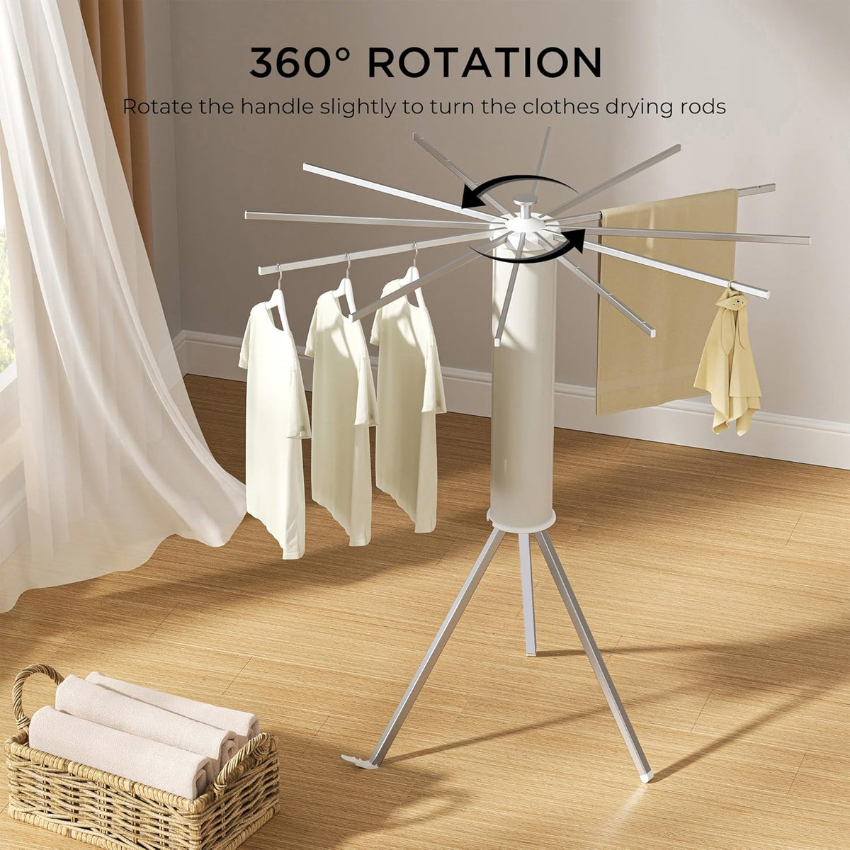 Tripod Clothes Drying Rack, Garment Rack Portable and Foldable Space Saving Laundry Drying Rack - Dryer Rack Clothing Floor Folding Balcony Bedroom Household (Silver(Aluminum), 12 rods)