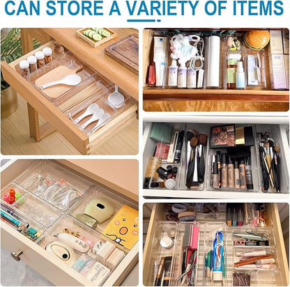 Clear Drawer Organiser Set Desk Drawer Dividers Makeup Organiser Divider Tray Utensil Cutlery Set Dressing Table Organisers for Bedroom Kitchen Bathromm Office Gadgets(25 Pack)