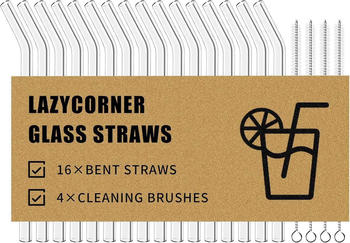 Lazycorner Reusable Glass Straws Set 16 Pcs 8.5''x 10MM Bent Clear Glass Drinking Straws, Set of 16 Bent with 4 Cleaning Brushes