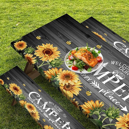 Sunflower Picnic Table Cover with Bench Covers, Rustic Grey Wooden Summer Floral Farmhouse Outdoor Camping Essentials 6FT 3PCS Fitted Rectangle RV Must Haves Tablecloth with Drawstring Bag