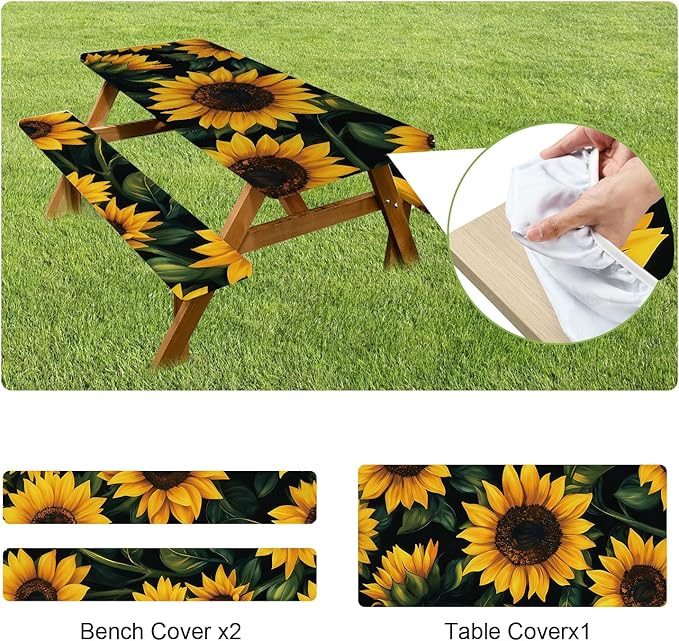 ANNA QUEEN 6FT Sunflower Picnic Table Cover with Bench Covers Spring Picnic Table Cover Set 3PCS 72"x30", Outdoor Bench and Tablecloth Furniture Protection