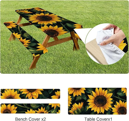 ANNA QUEEN 6FT Sunflower Picnic Table Cover with Bench Covers Spring Picnic Table Cover Set 3PCS 72"x30", Outdoor Bench and Tablecloth Furniture Protection