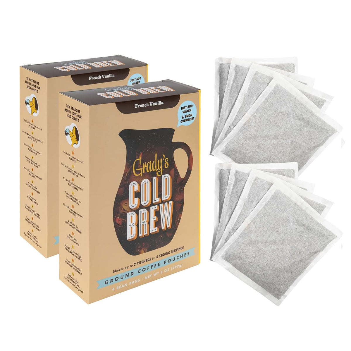 GRADY’S COLD BREW, French Vanilla, 100% Arabica Ground Coffee & Chicory Pouches, TWO Bundles of 4 Easy-to-Brew Bean Bags, Makes 24 drinks