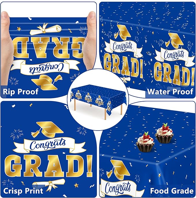 2Pack 2026 Graduation Decorations, 108" X 54" Graduation Tablecloth, Bluegold Disposable Table Cloths for Grad Party Favors Supplies, Rectangle Plastic Tablecover for Class 2026 Congrats Grad for Kids